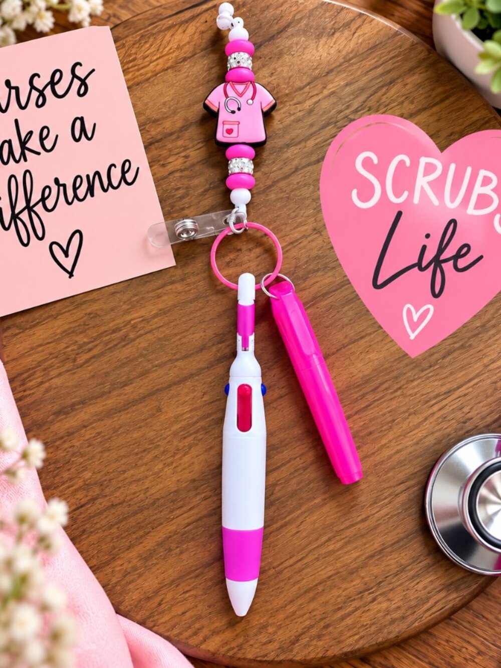 Pink Nurse Badge Reel Keychain Set with Pen Highlighter & Beaded Scrub Charm